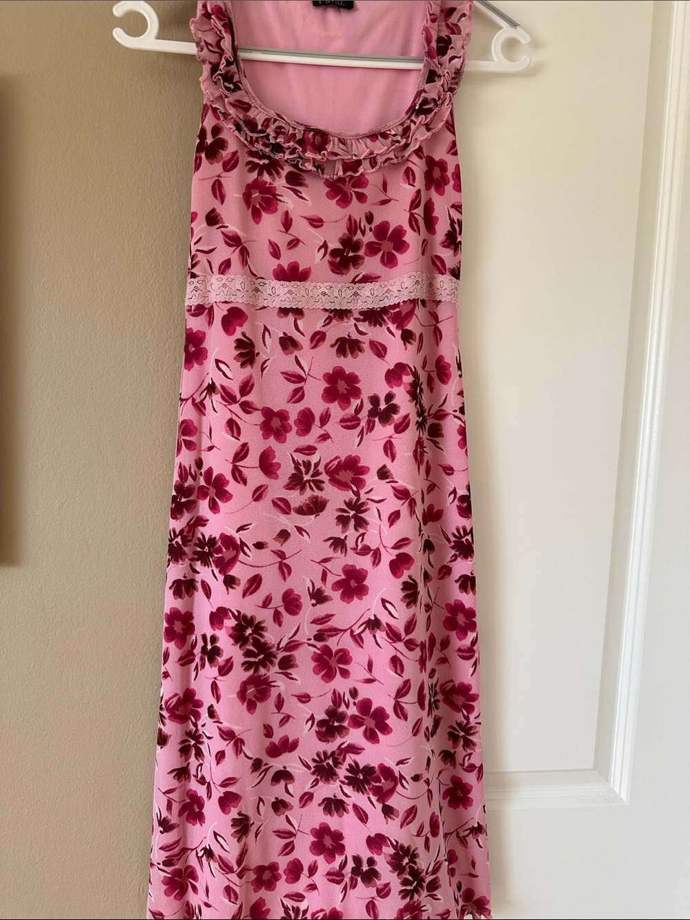 Pink Floral Midi Dress with Ruffle Neckline